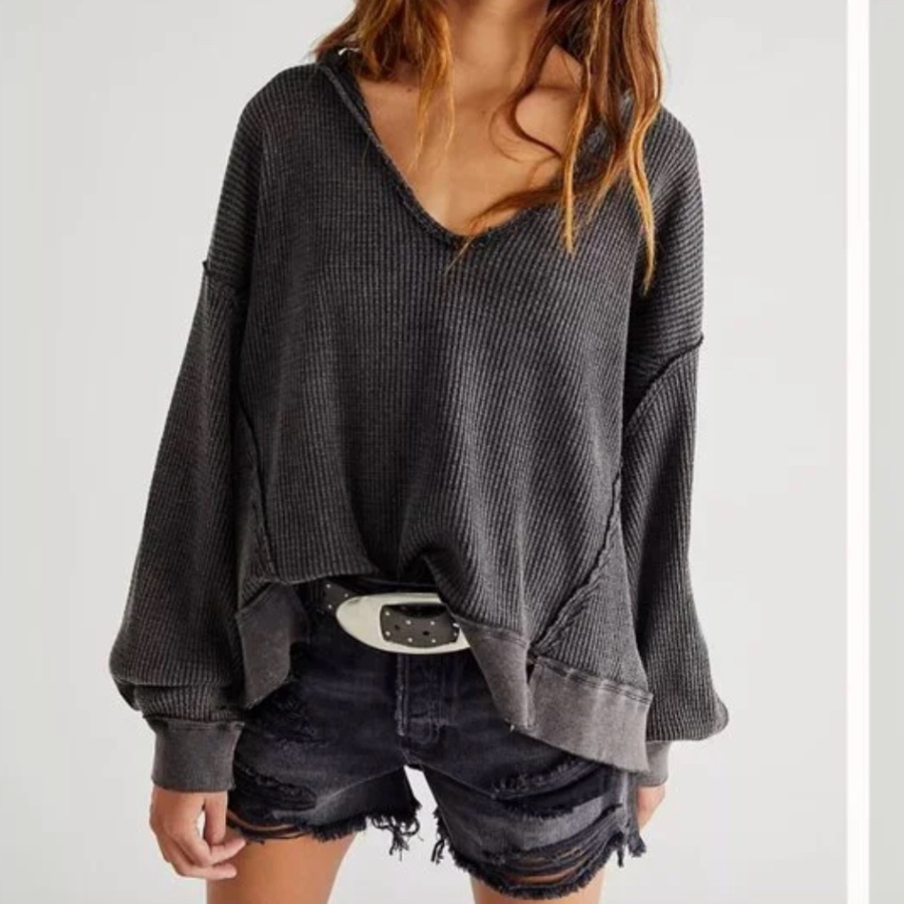 FREE PEOPLE We The Free Buttercup Thermal in Black/Grey Deep V-Neck - Size XS